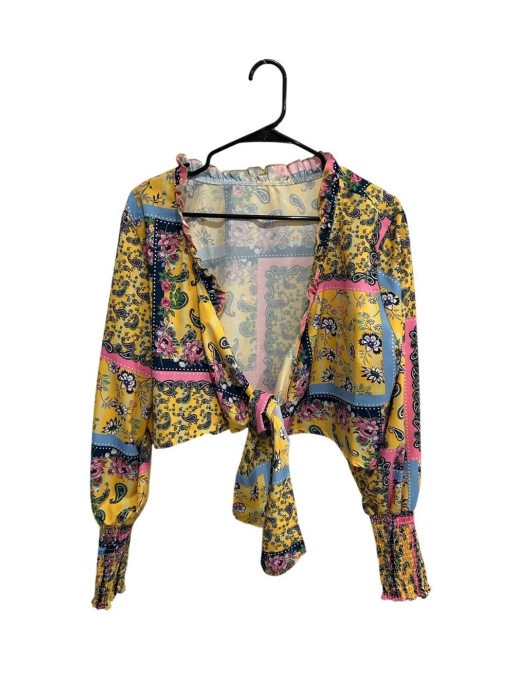 Floral Patchwork Print 3XLTie Front Crop Top Long Sleeves Cottagecore Boho Chic